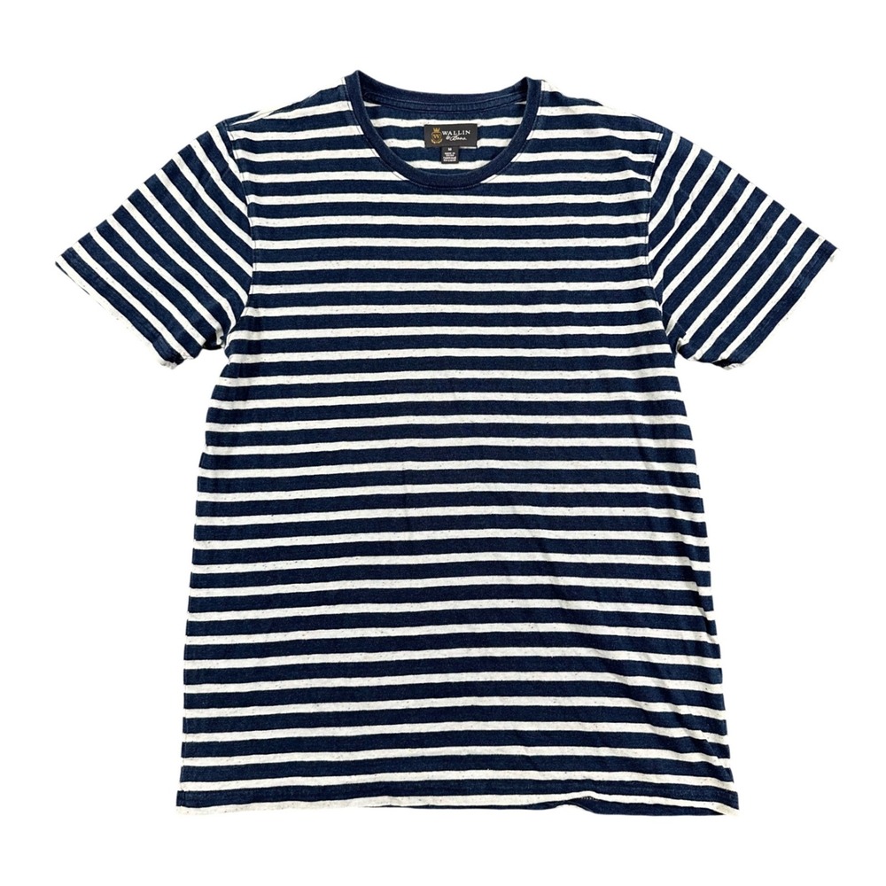 Wallin & Bros Mens Shirt M Navy Striped Short Sleeve Crewneck Tee Cotton